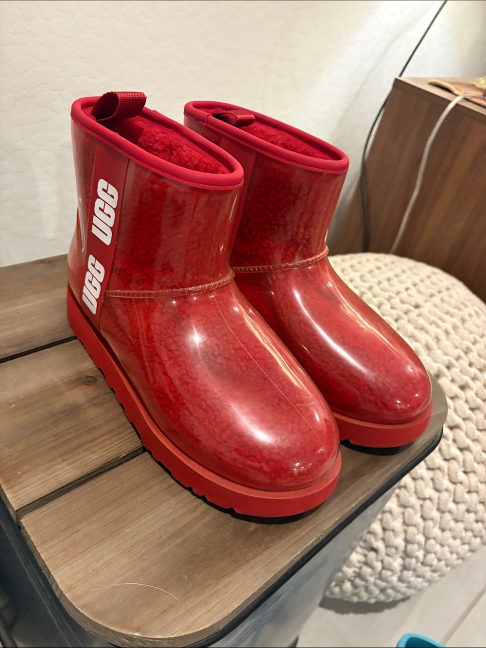 UGG womens Red Glossy Waterproof Rain Boots with Shearling Trim